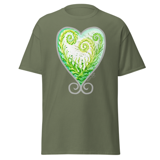 Military green t-shirt featuring a green and white heart design with spiral patterns. Annie Pigott&