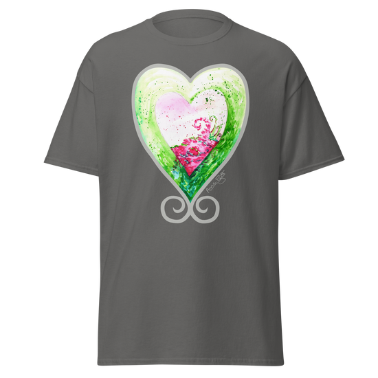 Dark grey t-shirt featuring a colorful heart design with green and pink hues. Annie Pigotts Spring in Portugal tee