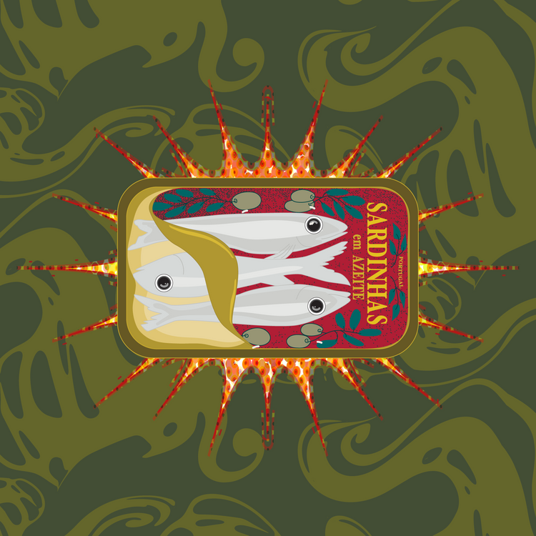 Sardine can illustration with sardines on a green patterned background, Canned sardines (green) pillows