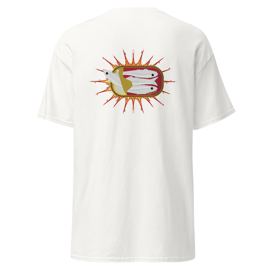 White t-shirt featuring a colorful graphic of sardines in a can with a sunburst design. Sardines (Red Can) tee