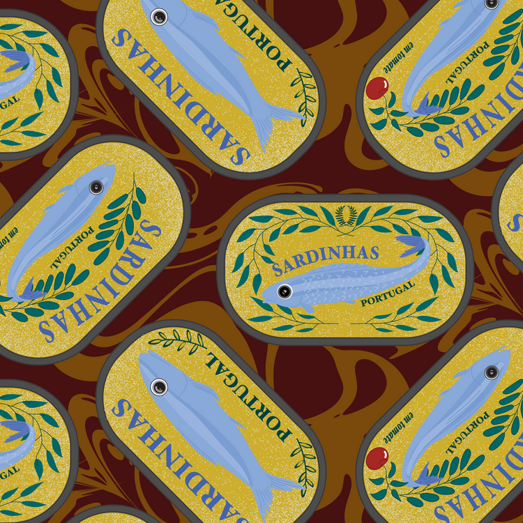 Pattern of Sardinha labels with sardine fish illustrations on a dark red background. Sardines (Yellow Can) Beach Towel
