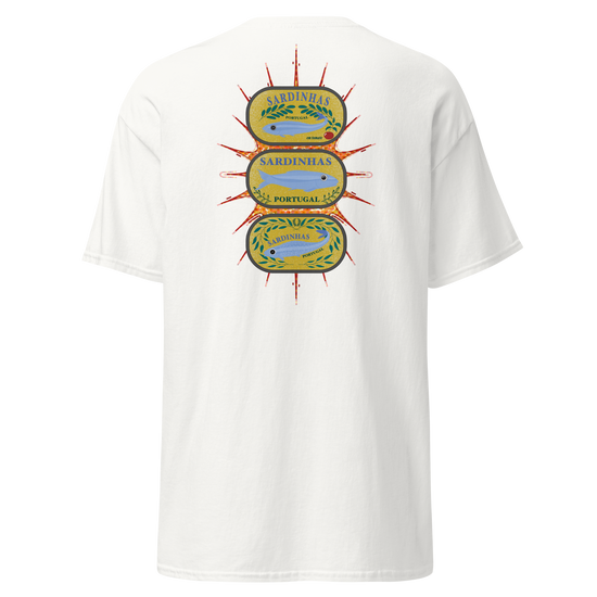 White t-shirt featuring a colorful Sardinhas Portugal design with fish illustrations. Sardines (Yellow Can) tee