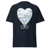 Navy blue t-shirt featuring a heart-shaped design with swirling clouds and a signature. Annie Pigott&