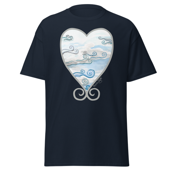Navy blue t-shirt featuring a heart-shaped design with swirling clouds and a signature. Annie Pigott&