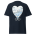 Navy blue t-shirt featuring a heart-shaped design with swirling clouds and a signature. Annie Pigott&