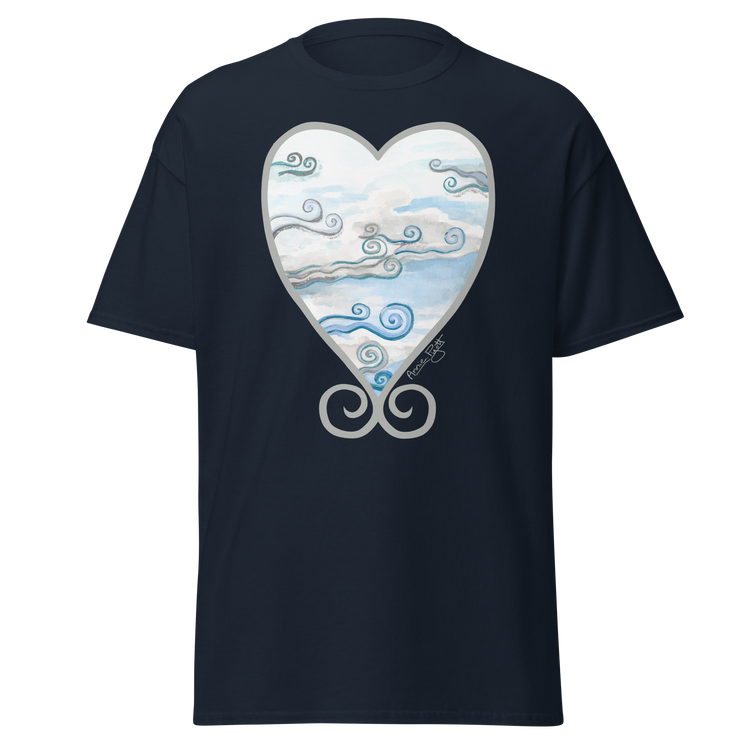 Navy blue t-shirt featuring a heart-shaped design with swirling clouds and a signature. Annie Pigott&