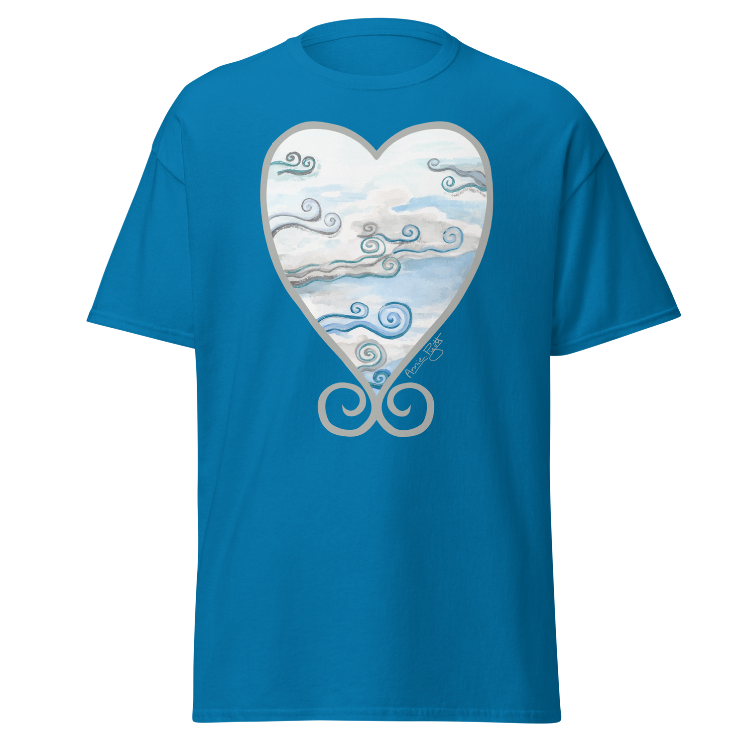 Blue t-shirt featuring a heart-shaped design with swirling cloud patterns. Annie Pigott&