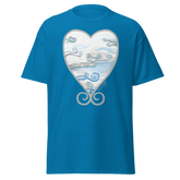 Blue t-shirt featuring a heart-shaped design with swirling cloud patterns. Annie Pigott&