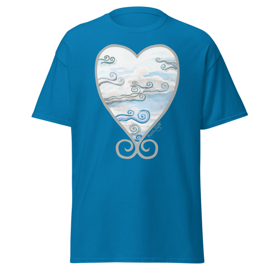 Blue t-shirt featuring a heart-shaped design with swirling cloud patterns. Annie Pigott&