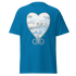 Blue t-shirt featuring a heart-shaped design with swirling cloud patterns. Annie Pigott&