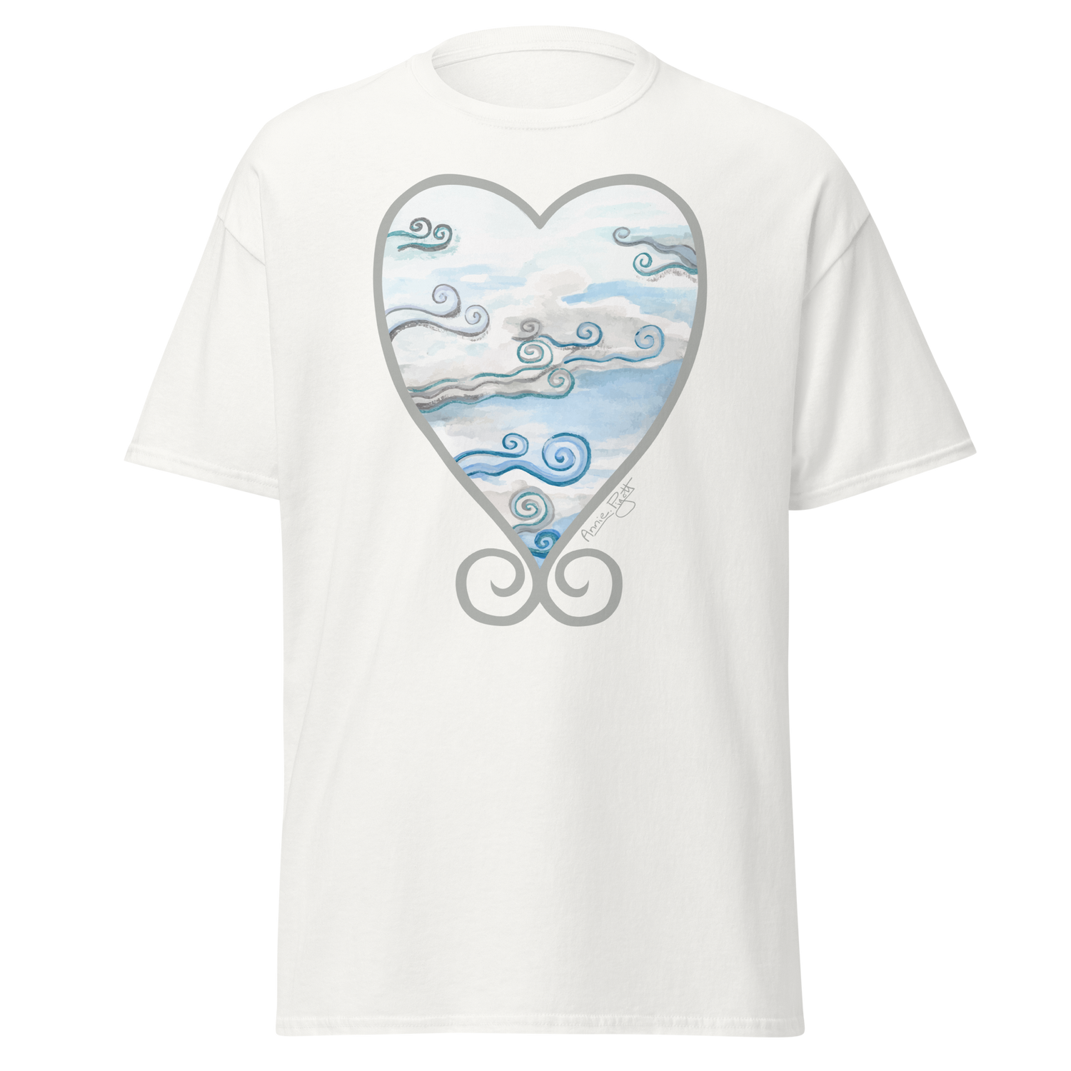 White t-shirt featuring a heart-shaped design with swirling clouds and sky. Annie Pigott&