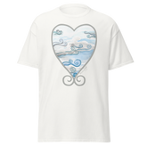White t-shirt featuring a heart-shaped design with swirling clouds and sky. Annie Pigott&