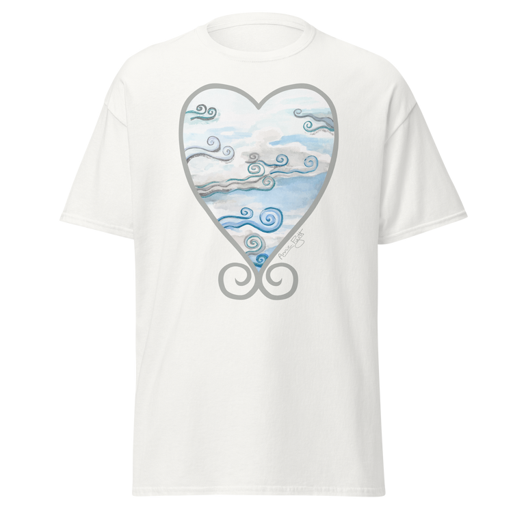 White t-shirt featuring a heart-shaped design with swirling clouds and sky. Annie Pigott&