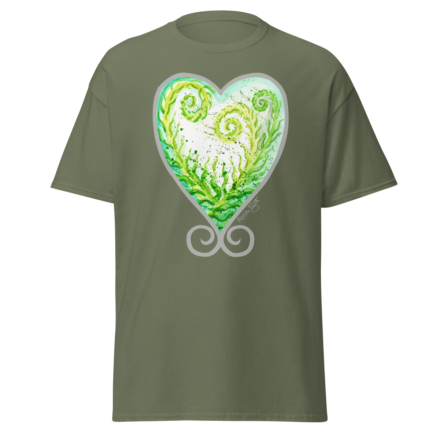 Military green t-shirt featuring a green and white heart design with spiral patterns. Annie Pigott&