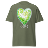 Military green t-shirt featuring a green and white heart design with spiral patterns. Annie Pigott&