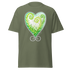 Military green t-shirt featuring a green and white heart design with spiral patterns. Annie Pigott&