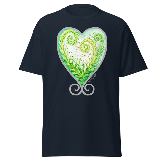 Navy blue t-shirt featuring a green and white heart design with swirls. Annie Pigott&