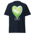 Navy blue t-shirt featuring a green and white heart design with swirls. Annie Pigott&