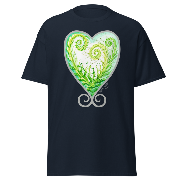 Navy blue t-shirt featuring a green and white heart design with swirls. Annie Pigott&