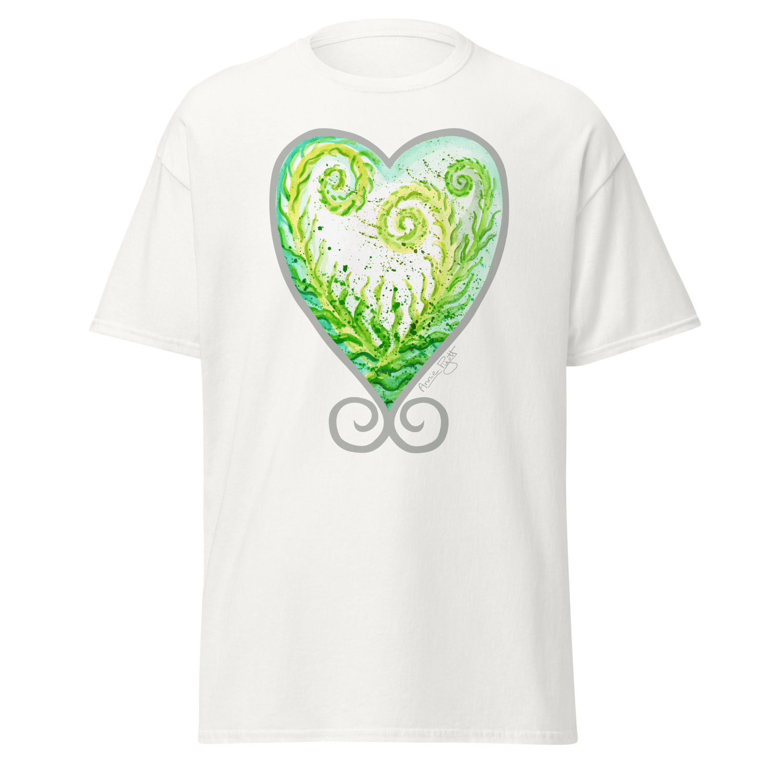 White t-shirt featuring a green and white heart design with spiral patterns. Annie Pigott&