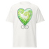 White t-shirt featuring a green and white heart design with spiral patterns. Annie Pigott&