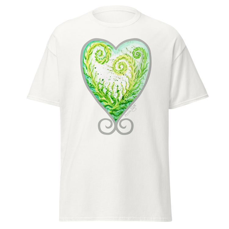 White t-shirt featuring a green and white heart design with spiral patterns. Annie Pigott&