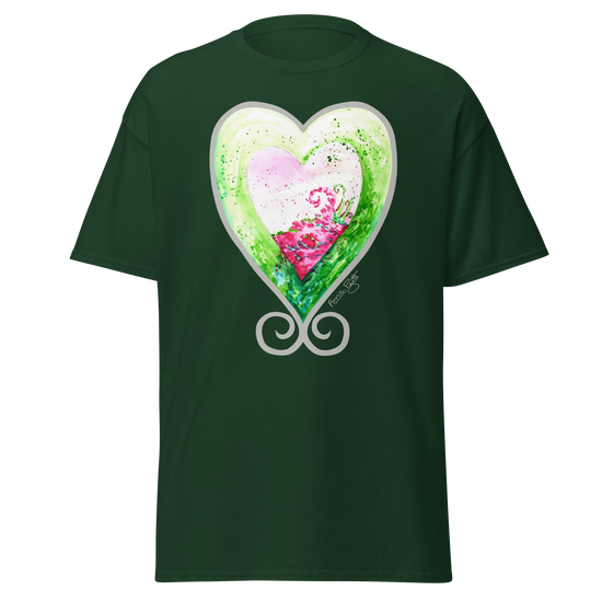 Dark green t-shirt featuring a colorful heart design with green, pink, and white hues. Annie Pigott&
