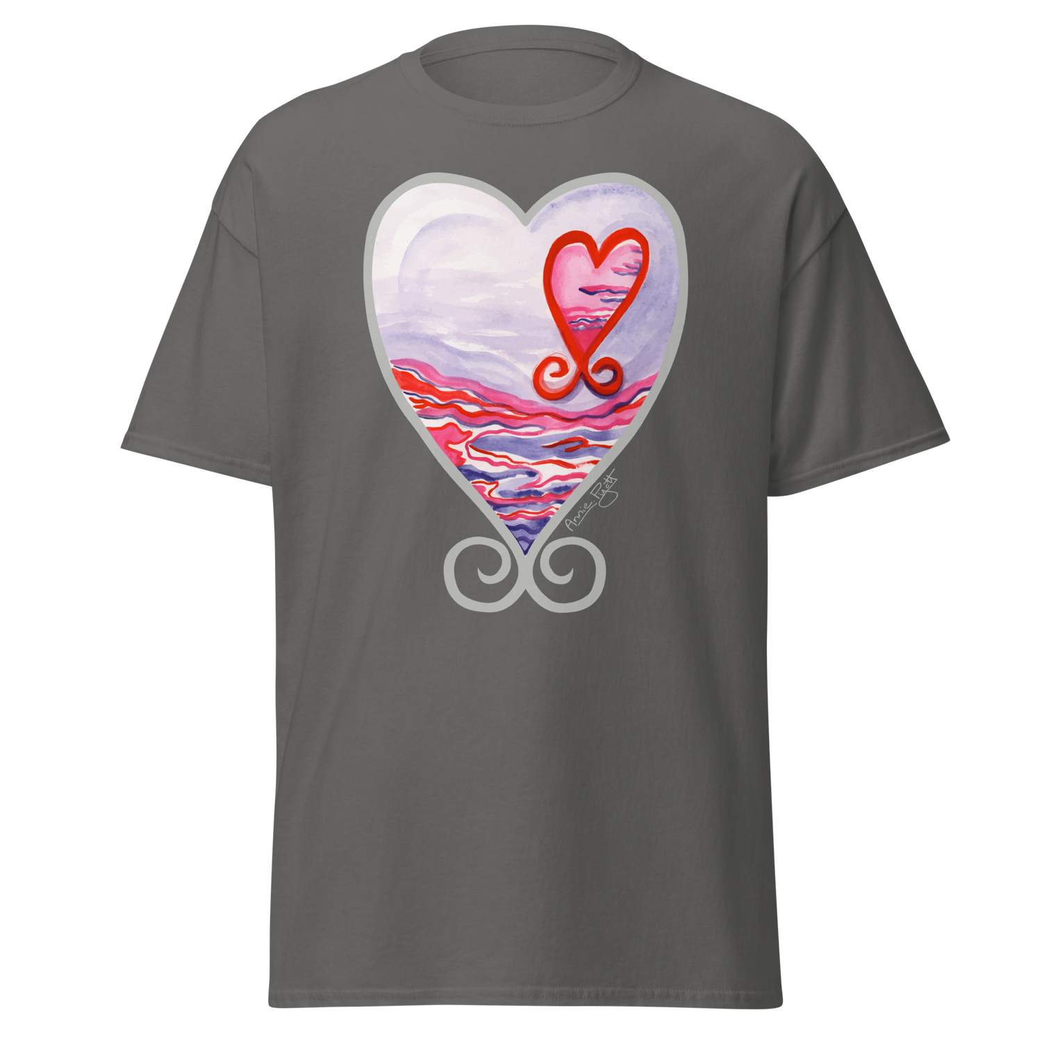 Dark grey t-shirt featuring a colorful heart design with a sunset and swirls. Annie Pigotts Portugal Passion tee