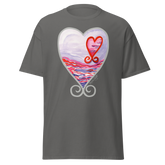 Dark grey t-shirt featuring a colorful heart design with a sunset and swirls. Annie Pigotts Portugal Passion tee