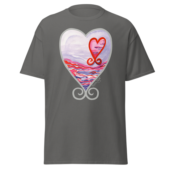 Dark grey t-shirt featuring a colorful heart design with a sunset and swirls. Annie Pigotts Portugal Passion tee