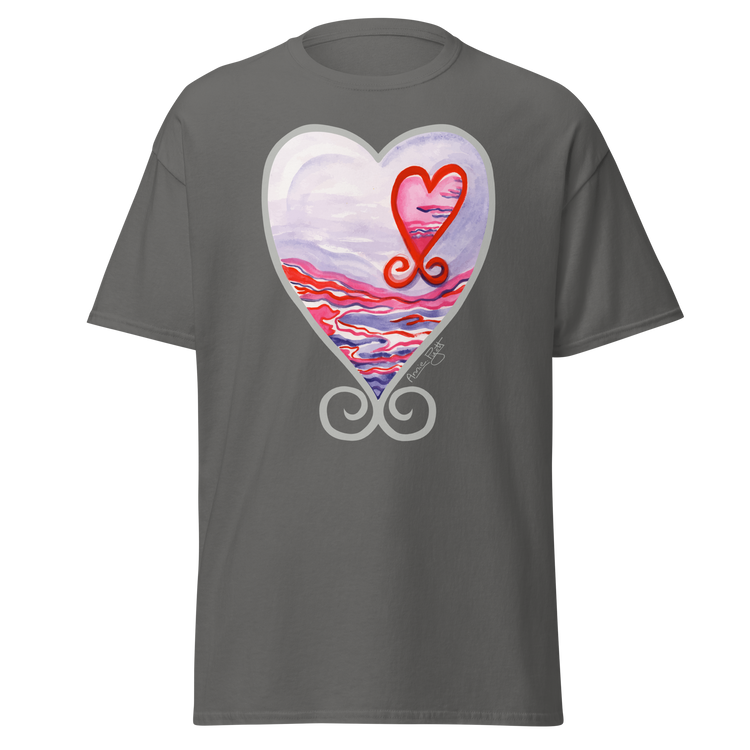 Dark grey t-shirt featuring a colorful heart design with a sunset and swirls. Annie Pigotts Portugal Passion tee