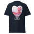 Navy blue t-shirt featuring a colorful heart design with a sunset and swirls. Annie Pigotts Portugal Passion tee