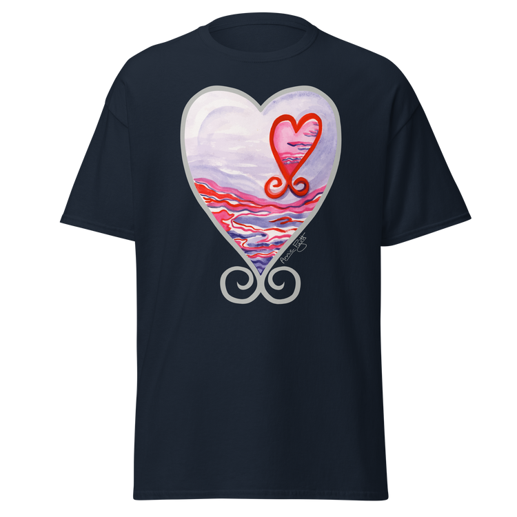 Navy blue t-shirt featuring a colorful heart design with a sunset and swirls. Annie Pigotts Portugal Passion tee