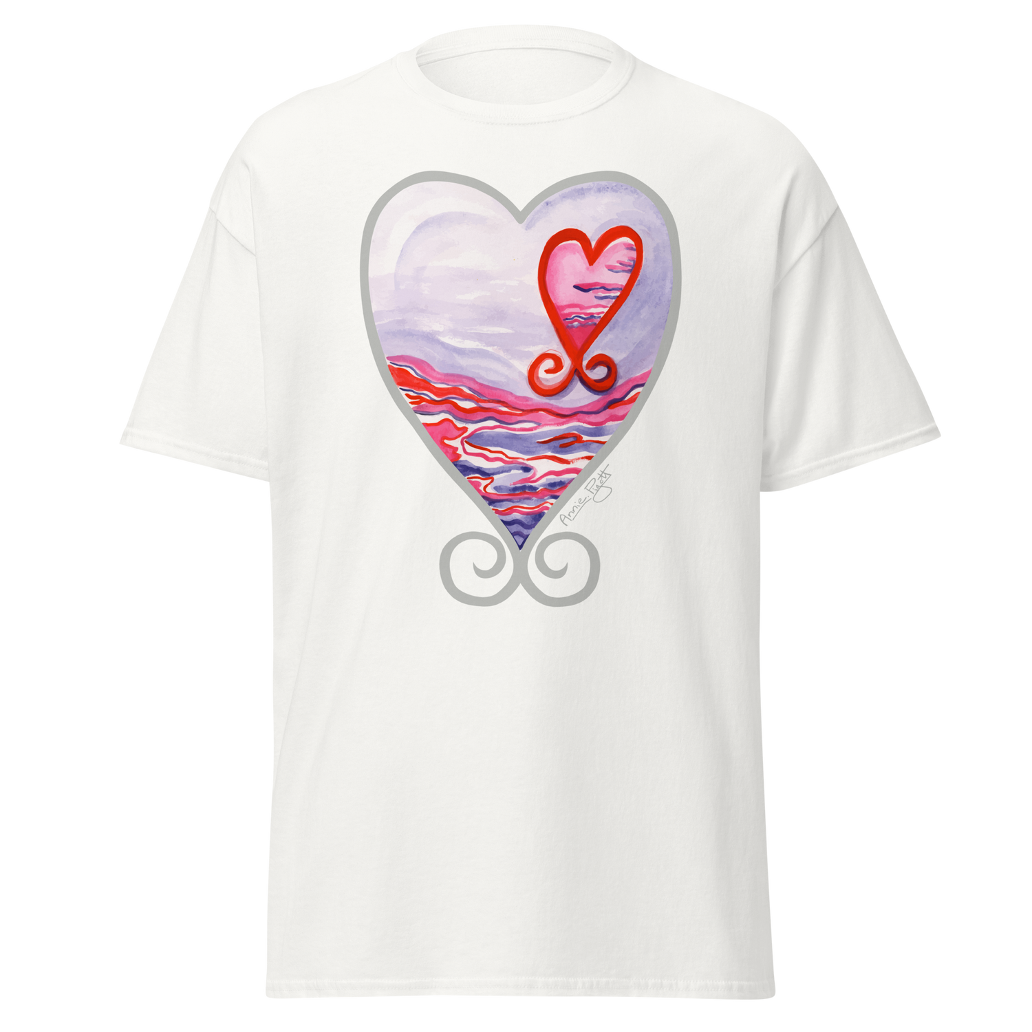 White t-shirt featuring a colorful heart design with a sunset and swirls. Annie Pigotts Portugal Passion tee
