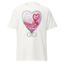 White t-shirt featuring a colorful heart design with a sunset and swirls. Annie Pigotts Portugal Passion tee