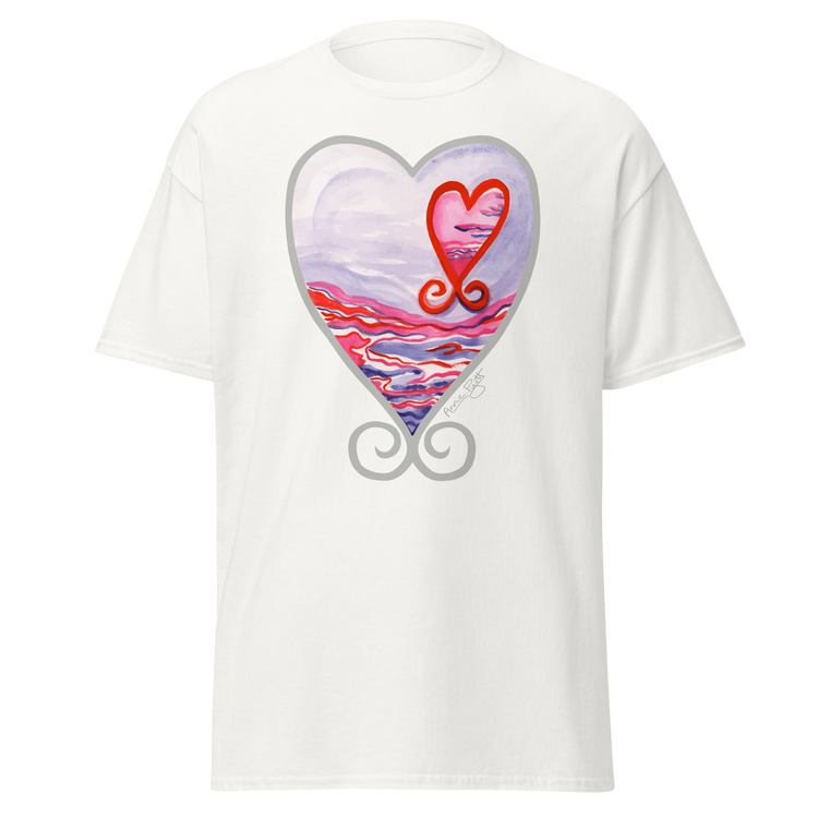 White t-shirt featuring a colorful heart design with a sunset and swirls. Annie Pigotts Portugal Passion tee