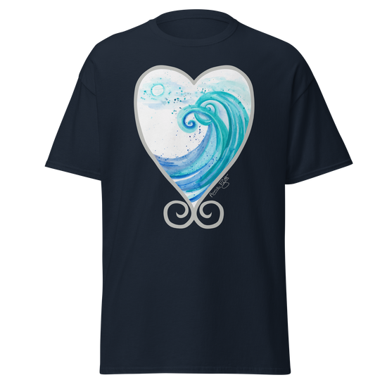 Navy t-shirt featuring a heart-shaped wave design in blue and white. Annie Pigotts Portugal Wave tee