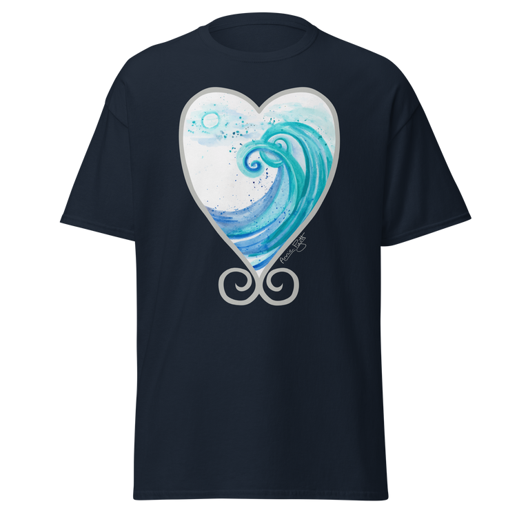 Navy t-shirt featuring a heart-shaped wave design in blue and white. Annie Pigotts Portugal Wave tee