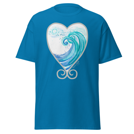 Blue t-shirt featuring a heart-shaped wave design with swirls and splashes. Annie Pigotts Portugal Wave tee