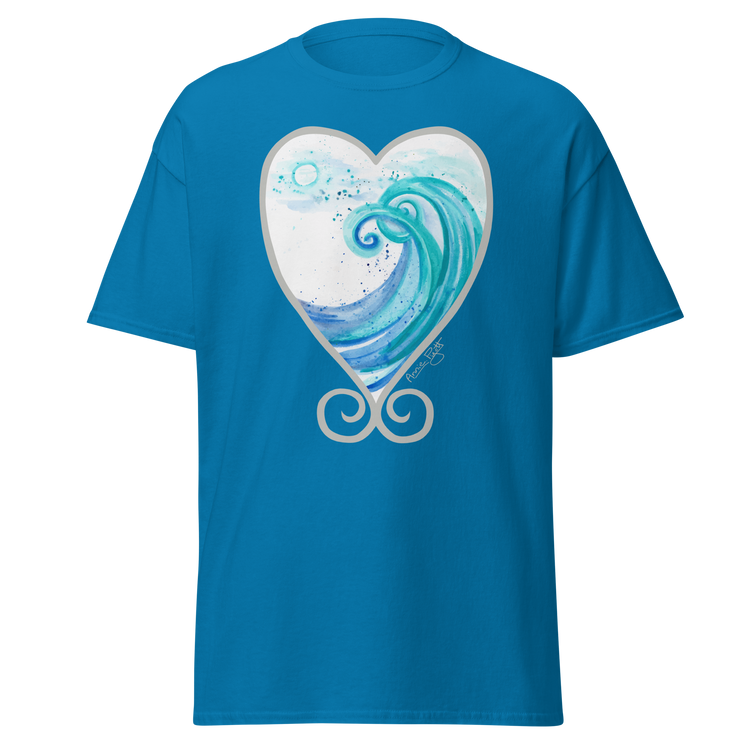 Blue t-shirt featuring a heart-shaped wave design with swirls and splashes. Annie Pigotts Portugal Wave tee