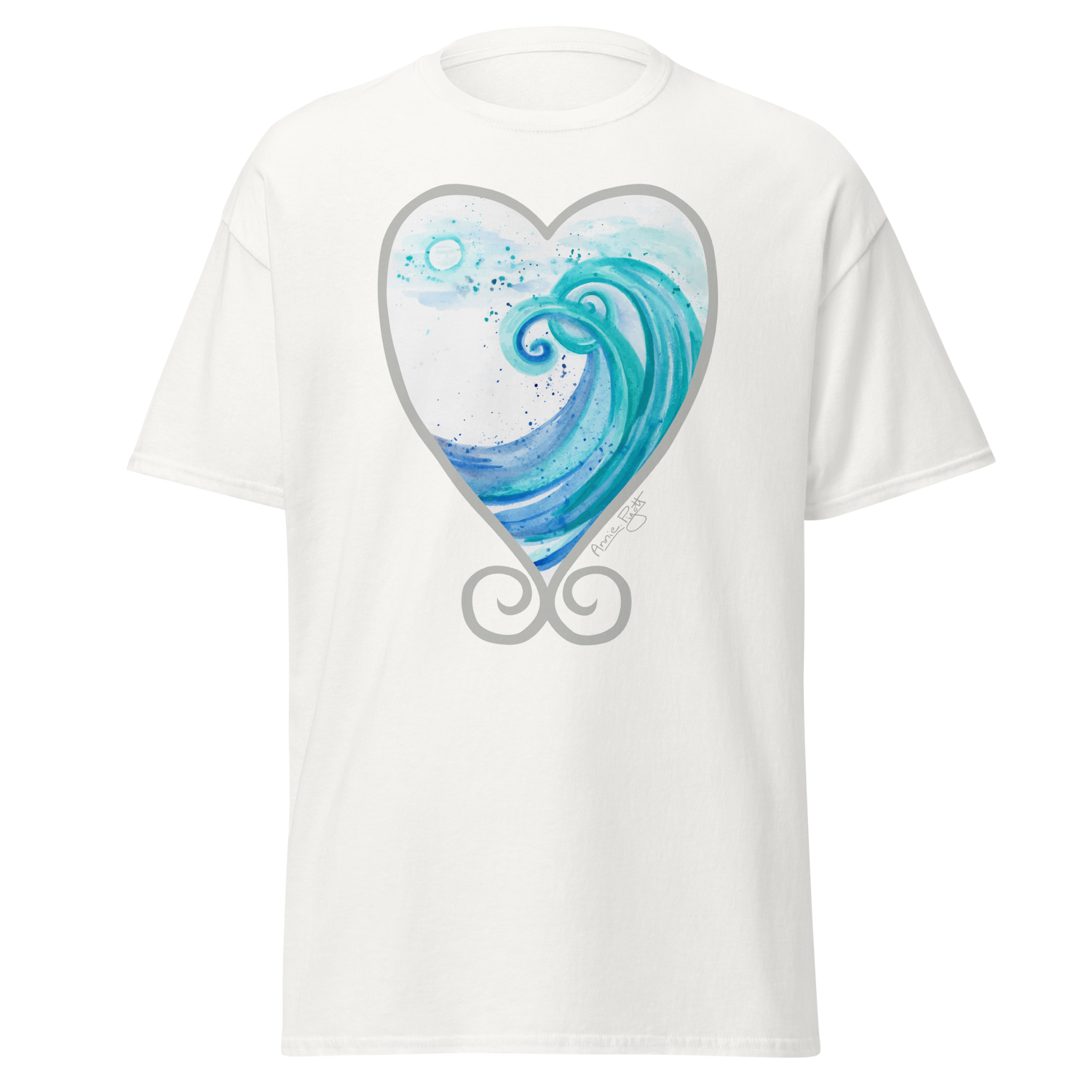 White t-shirt featuring a heart-shaped design with a blue wave and swirls. Annie Pigotts Portugal Wave tee