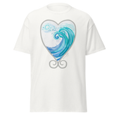 White t-shirt featuring a heart-shaped design with a blue wave and swirls. Annie Pigotts Portugal Wave tee