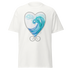 White t-shirt featuring a heart-shaped design with a blue wave and swirls. Annie Pigotts Portugal Wave tee