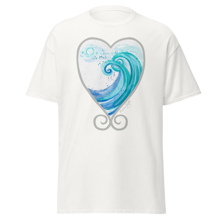 White t-shirt featuring a heart-shaped design with a blue wave and swirls. Annie Pigotts Portugal Wave tee