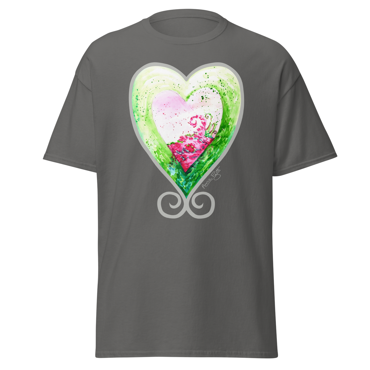 Dark grey t-shirt featuring a colorful heart design with green and pink hues. Annie Pigotts Spring in Portugal tee
