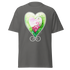 Dark grey t-shirt featuring a colorful heart design with green and pink hues. Annie Pigotts Spring in Portugal tee