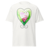White t-shirt featuring a colorful heart design with green and pink hues. Annie Pigotts Spring in Portugal tee