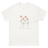 White t-shirt featuring pink flowers and the text flowers make me happy. Flowers make me happy Poppy Blooms tee