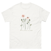 White t-shirt featuring a floral design with pink poppies and the text flowers make me happy. Flowers make me happy Poppy Buds tee