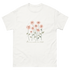 White t-shirt featuring a design of pink flowers and the phrase flowers make me happy. Flowers make me happy Poppy Meadow tee